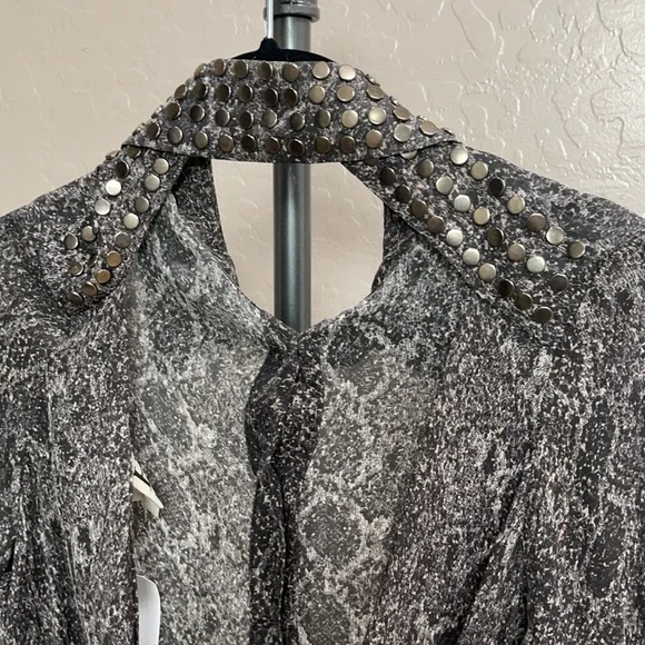 Haute Hippie Silk Button Down Open Back Long Sleeve Studded Blouse Brown Blk XS - Picture 12 of 13